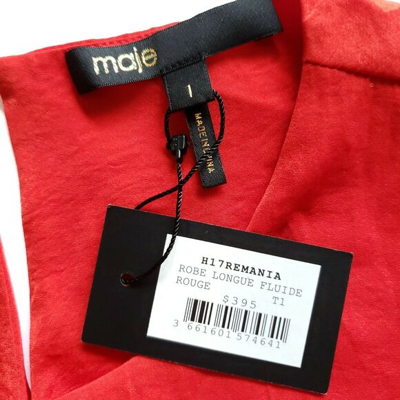 MAJE Remania satin tiered a-line long sleeve crewneck red career dress Sz 1 NEW - Picture 7 of 9